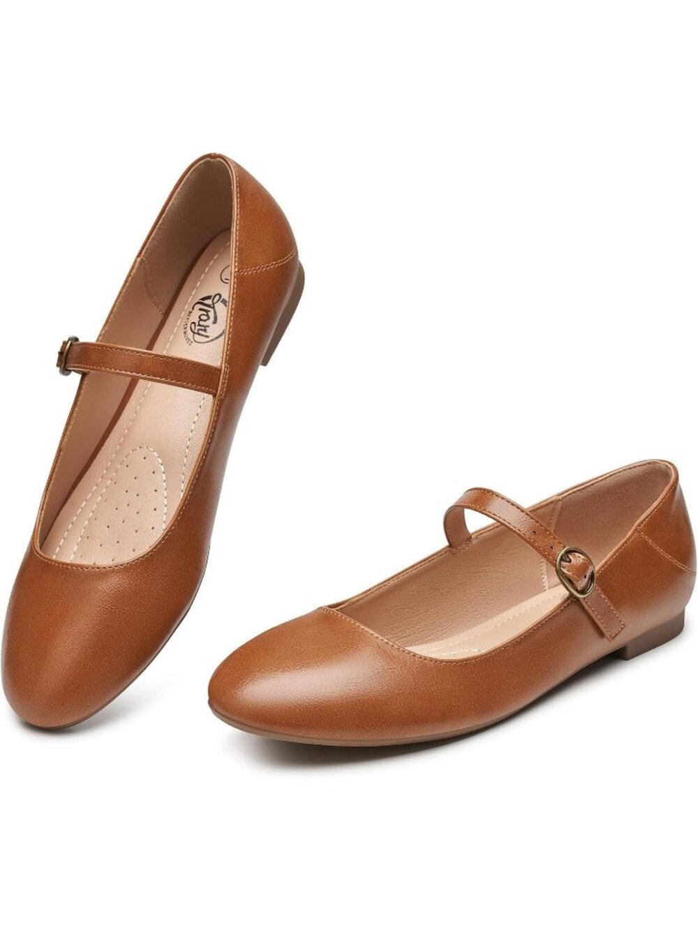 Women's Brown Ballet Flats Round Toe Comfort Straps Memory Foam Dressy Shoes